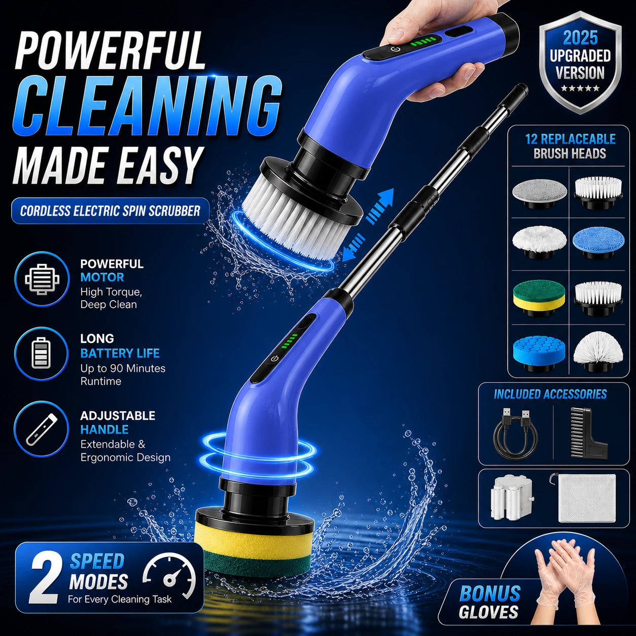 9-in-1 Electric Spin Scrubber - Cordless, Rechargeable & Hands-Free Cleaning
