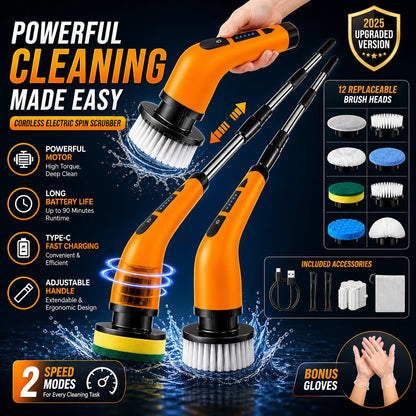 9-in-1 Electric Spin Scrubber - Cordless, Rechargeable & Hands-Free Cleaning
